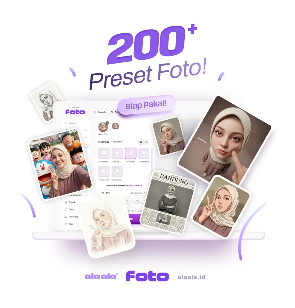 Ala-Ala Foto — lebih dari 200 preset: kolase contoh hasil, dari foto keluarga bergaya kartun hingga potret bergaya sinematik, sketsa, dan koran